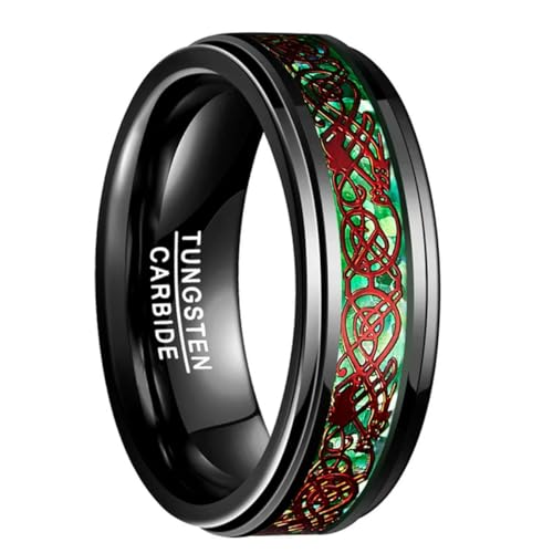 YAHOYA 8MM Wolframkarbid Ring Schwarz polierte Stufenoberfläche mit grünem Boden Roter Drachenring Eheringe Klassisches Geschenk von YAHOYA