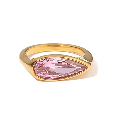 YAHOYA Elegante Prinzessin rosa Zirkon Ring für Frauen Edelstahl Wassertropfen CZ Stein Paar Finger Ring Verlobung Valentinstag GIF von YAHOYA