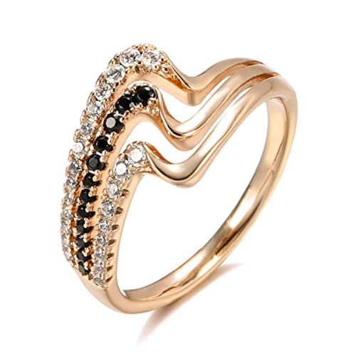 YAHOYA Luxus 585 Roségold natürliche Schwarze Zirkon Ring Mode 3 Reihen Wellen Ringe für Frauen Vintage Hochzeit Schmuck von YAHOYA