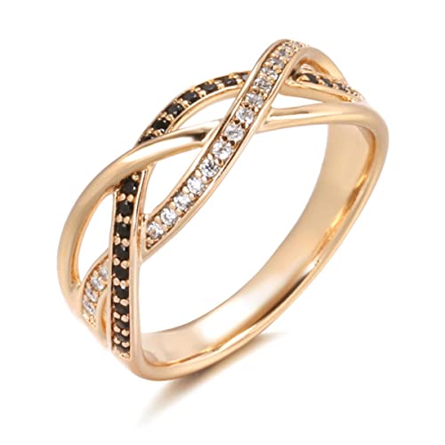 YAHOYA Luxus 585 Roségold natürlicher schwarzer Zirkonring geometrische Linie Kreuz Eheringe für Frauen Vintage Mode Schmuck von YAHOYA