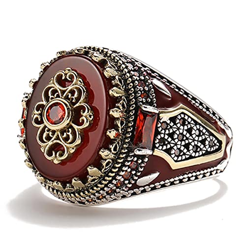YAHOYA Mode Schmuck Vintage geschnitztes Muster Rot Zirkon Stein Männer Ringe Jahresgeschenk Retro Handgemachte Silberfarbe Männer Ringe von YAHOYA