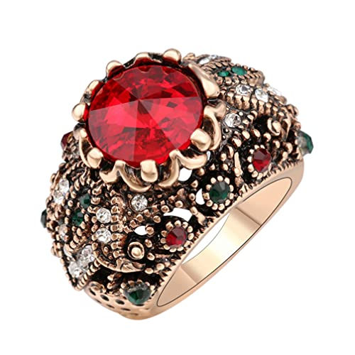 YAHOYA Roter Satellit Steinringe für Frauen Farbe Uraltes Gold Vintage Schmuck Kristall Ring Liebesgeschenk von YAHOYA