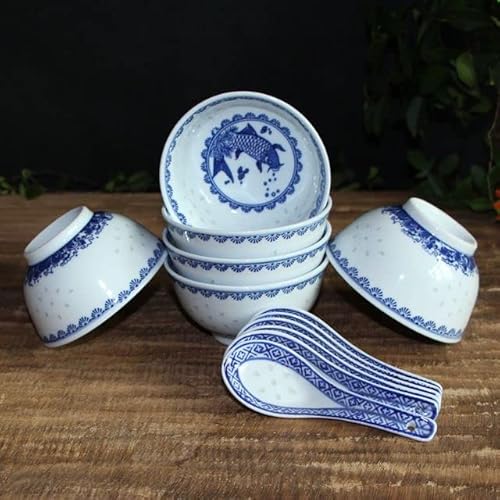 YAHU 6 Stück 4,5 Zoll Jingdezhen Blau und Weiß Porzellan Reisschalen Ramen Suppenlöffel Chinesische Drachenschale Keramik Küchenzubehör von YAHU