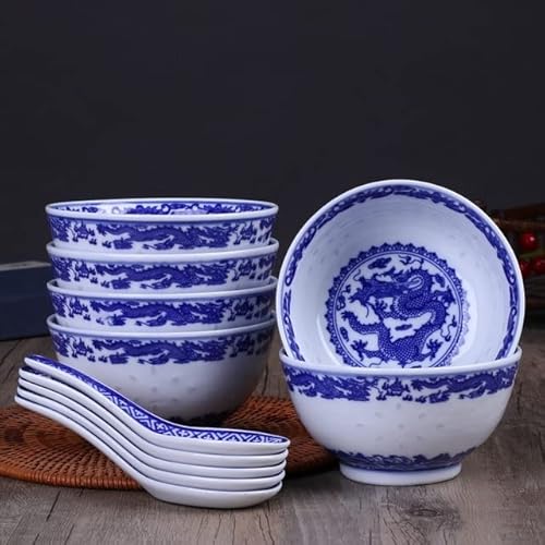 YAHU 6 Stück 4,5 Zoll Jingdezhen Blau und Weiß Porzellan Reisschalen Ramen Suppenlöffel Chinesische Drachenschale Keramik Küchenzubehör von YAHU