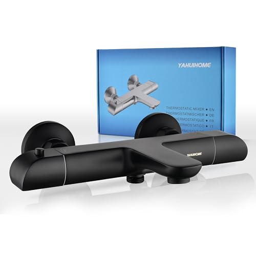 YAHUIHOME Badewannenarmatur Schwarz, Dusche Mischbatterie Badewanne Wasserhahn 2 Funktionen, Messing Wannenarmatur Thermostat mit Verbrühungsschutz 38 °C Sicherheitstaste, Wannenthermostat Armatur von YAHUIHOME
