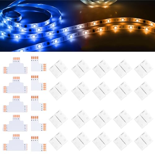 LED Strip Verbinder 4 Polig - Lötfreier Anschluss L Form, Verlängerung T Form, Adapter für 8mm Weite 3535 RGB LED Strips (8mm) von YAIRSTEN
