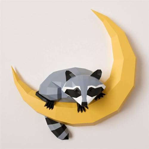 YAIUNHIQ 3D-Waschbär auf Mondform – 62 cm – Papierbasteln – geometrisches Basteln – Origami – 3D-Papierskulptur von YAIUNHIQ