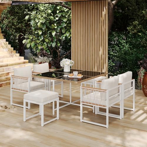 7-teiliges Esstisch- und Stuhlset für den Außenbereich für 6 Personen, Tisch aus gehärtetem Glas mit PE-Rattan-Umwicklung, Handlaufplatte aus Akazienholz, geeignet für Mahlzeiten im Hinterhof, Garten. 7-teiliges Esstisch- und Stuhlset für den Außenbereich für 6 Personen, Tisch aus gehärtetem Glas mit PE-Rattan-Umwicklung, Handlaufplatte aus Akazienholz, geeignet für Mahlzeiten im Hinterhof, Garten. von YAIXBNG