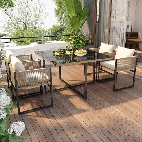 Garten-Essgruppe 5 TLG Sitzgruppe mit 1 Esstisch, 4 stapelbaren Stühlen,Feines Seil, Eisen, Tischplatte aus 5mm starkem Garten-Essgruppe 5 TLG Sitzgruppe mit 1 Esstisch, 4 stapelbaren Stühlen,Feines Seil, Eisen, Tischplatte aus 5mm starkem von YAIXBNG