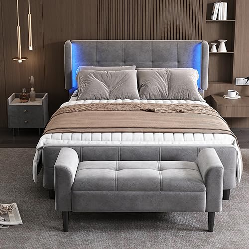 Komplettschlafzimmer Set, Modernes Design Polsterbett + 1x Nachttisch+ Betthocker, Doppelbett mit 16-farbigen Lichtleisten an den Seitenohren, Nachttisch mit 2 Schubladen, Samt, Grau (140x200 cm) von YAIXBNG