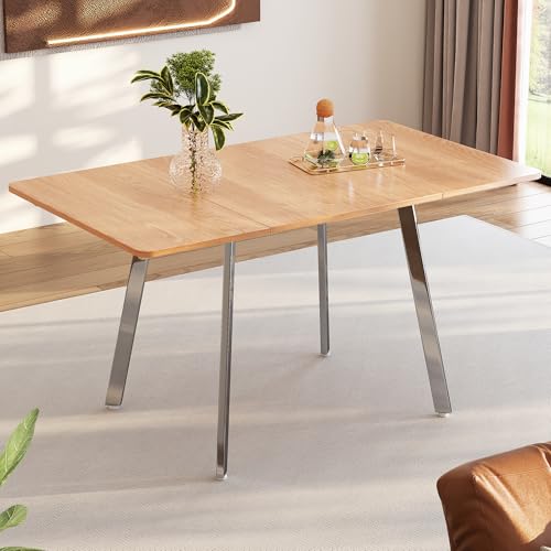 Moderner minimalistischer Esstisch in eleganter Naturfarbe und silber verschromt Beine – 140 cm x 80 cm, Tisch, moderner minimalistischer Stil, hochfeste Legierungsstütze, geeignet für 4-6 Personen von YAIXBNG