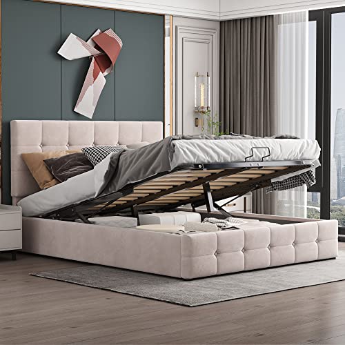 Polsterbett 140*200, Doppelbett mit Hydraulisch anhebbarer Bettstauraum ,höhenverstellbares Polsterkopfteil, Metalllattenrost, Hautfreundlicher Samtstoff Doppelbett Erwachsenen Jugendbett Cremeweiß von YAIXBNG