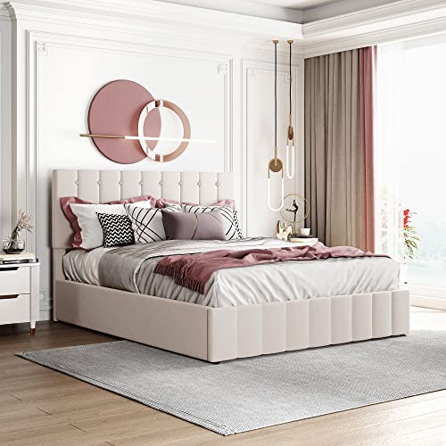 Polsterbett 140*200, Doppelbett mit Hydraulisch anhebbarer Bettstauraum ,höhenverstellbares Polsterkopfteil, Metalllattenrost, Hautfreundlicher Samtstoff Doppelbett Erwachsenen Jugendbett Cremeweiß von YAIXBNG