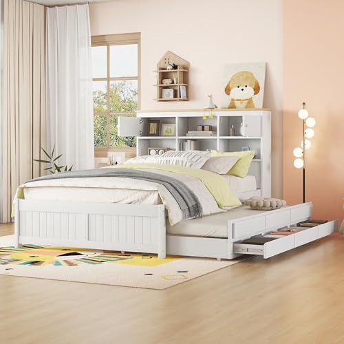 YAIXBNG 140 * 200cm Flachbett mit Mehreren Staufächern am Kopfende des Bettes, ausgestattet mit ausziehbares Rollbett, DREI Schubladen, weiß von YAIXBNG