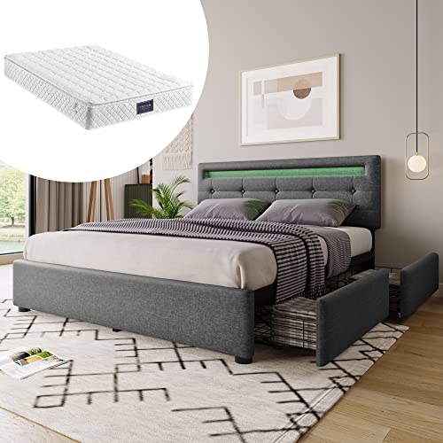 YAIXBNG Bettgestell mit LED-Beleuchtung und 4 Schubladen, Inklusive Matratze, Doppelbett Polsterbett 140x200cm, Höhenverstellbarem Kopfteil, Lattenrost aus Holz, Grau von YAIXBNG