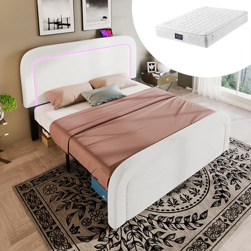 YAIXBNG Bettgestell mit USB Typ C Ladefunktion LED-Beleuchtung, Doppelbett Polsterbett 160x200cm, Höhenverstellbarem Kopfteil, Lattenrost aus Holz, Sherp-Weiß (Mit Matratze) von YAIXBNG