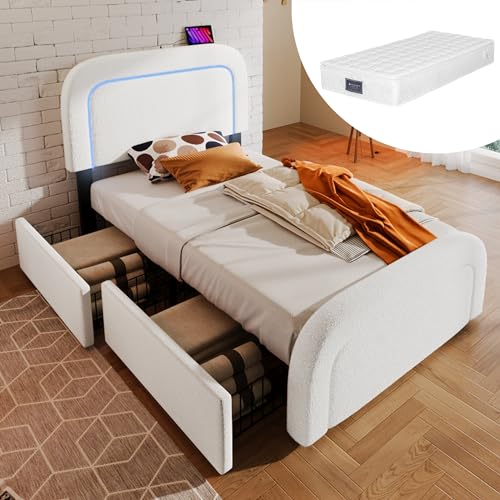YAIXBNG Bettgestell mit USB Typ C Ladefunktion LED-Beleuchtung und 2 Schubladen, Einzelbett Polsterbett 90x200cm, Höhenverstellbarem Kopfteil, Lattenrost aus Holz, Sherp-Weiß (Mit Matratze) von YAIXBNG