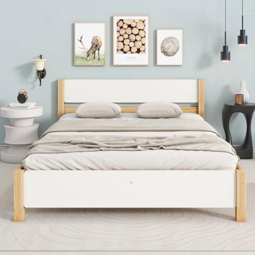 YAIXBNG Doppelbett, Holzbett, Kiefernholzrahmen mit Mittelfuß, Jugendbett, Erwachsenenbett, mit Kopf- und Fußteil aus MDF, Weiß + Natur, 140x200 cm von YAIXBNG