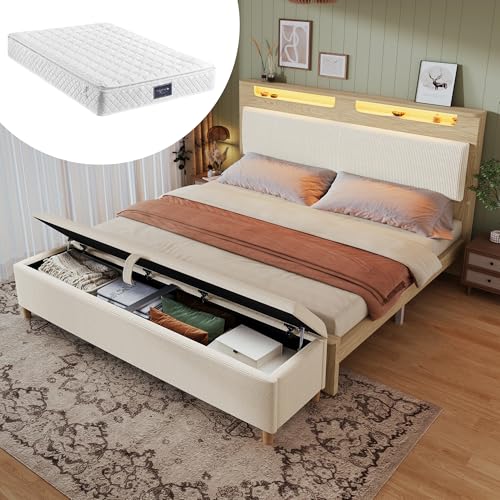 YAIXBNG Doppelbett Holzbett 160×200cm mit Bettbank, Kopfteil mit Stauraum, LED-Beleuchtung und Beigefarbener Cordpolster-Rückenlehne, Inklusive Bettbank mit Stauraum, Heller Eiche(Mit Matratze) von YAIXBNG