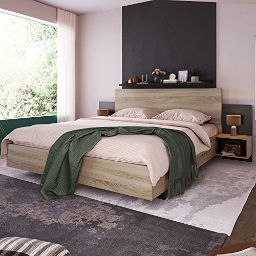 YAIXBNG Doppelbett Holzbett Bettanlage 160 x 200 cm mit 2 Nachtkommoden Modernes Bett inkl. 2 Nachttischen Schlafzimmer Komplett-205.5x235x76.5 cm(T/B/H) Set in Eiche Sonoma/Dunkelgrau von YAIXBNG