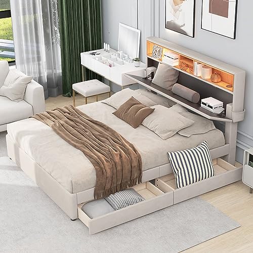 YAIXBNG Doppelbett Polsterbett Stauraum-Kopfteil Bett mit Aufladen USB und LED-Beleuchtung, Funktionsbett mit Zwei Schubladen, Verstellbares Kopfteil, Beige, 140x200cm von YAIXBNG