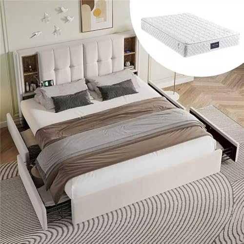 YAIXBNG Doppelbett mit Kabellosem Laden USB C& 4 Schubladen, Polsterbett Bettgestell 160x200cm,Lattenrost aus Holz-Beige Samt (Mit Matratze) von YAIXBNG