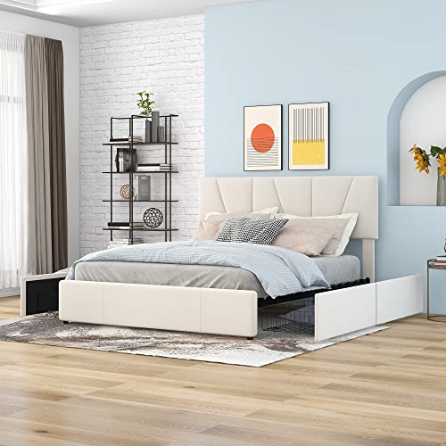 YAIXBNG Double Size Polster Plattform Bett mit Vier Schubladen auf Zwei Seiten,Verstellbares Kopfteil,Beige(140 * 200cm) von YAIXBNG