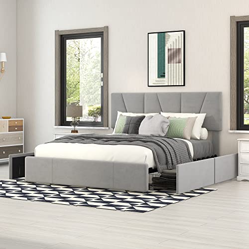 YAIXBNG Double Size Polster Plattform Bett mit Vier Schubladen auf Zwei Seiten,Verstellbares Kopfteil,Grau YAIXBNG Double Size Polster Plattform Bett mit Vier Schubladen auf Zwei Seiten,Verstellbares Kopfteil,Grau von YAIXBNG