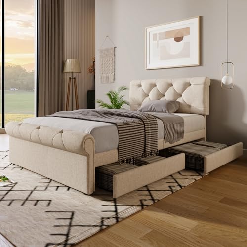 YAIXBNG Einzelbett Polsterbett 90x200cm, Bettgestell mit 2 Schubladen und Höhenverstellbarem Kopfteil, Chesterfield Funktionsbett, Natürlich,Ohne Matratze von YAIXBNG