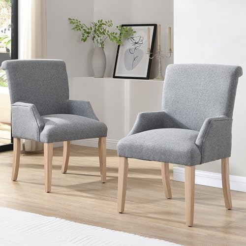YAIXBNG Esszimmerstuhl aus Leinen, 2er-Set mit Beinen aus Massivholz, mit Armlehnen, dickem Kissen, verstellbaren Beinen, Schlafzimmerstuhl, Küchenstuhl, Wohnzimmer-Loungesessel, Grau von YAIXBNG