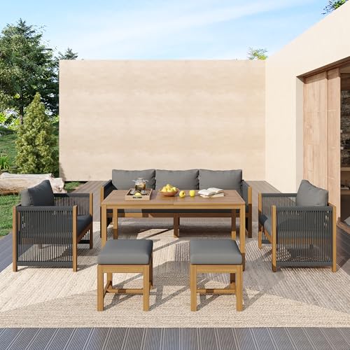 YAIXBNG Garten-Esstisch-Set, Garten-Loungestuhl-Set, 6-teiliges Set. Gartenmöbel-Set, 3er-Sofa, 2 Einzelsofas, 2 Hocker, Esstisch, Akazien-Tischplatte, grau von YAIXBNG