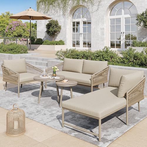 YAIXBNG Garten Lounge Set, Seil Gartenmöbel Set, Modernes Outdoor Sofa Set Handgewebtes Seil, Inklusive Aller Sitz- Und Rückenkissen, Balkonset, Garten Und Terrasse, Khaki von YAIXBNG