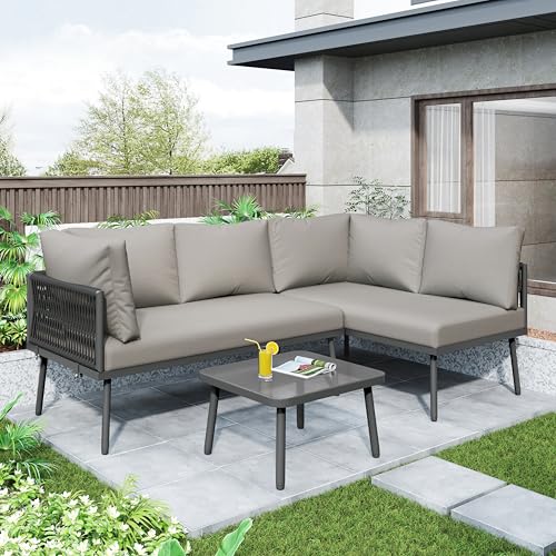 YAIXBNG Garten-Lounge-Set aus Eisen, Gartenmöbel-Set aus grauem Seil, L-förmiges Gartenmöbel-Set, Lounge-Set aus grauem Seil mit Sitzkissen, verstellbaren Füßen, 2 Sofas und 1 Tisch von YAIXBNG