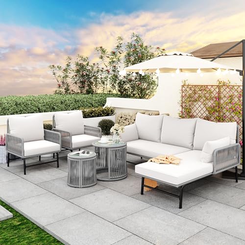 YAIXBNG Gartenlounge-Set, Gartenmöbel-Set, Mit Eisenrahmen und grauem Seil, Gartenmöbel aus gewebtem Seil für den Außenbereich, Grau, Zwei Sessel, Zwei 2-Sitzer-Sofas und Zwei Tische von YAIXBNG