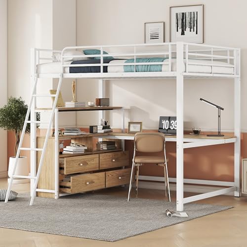 YAIXBNG Hochbett, 140 * 200cm, Eisenrahmenbett, praktische Schubladen, stilvoller L-förmiger Schreibtisch, Laminatdesign, Ohne Matratze, Weiß von YAIXBNG