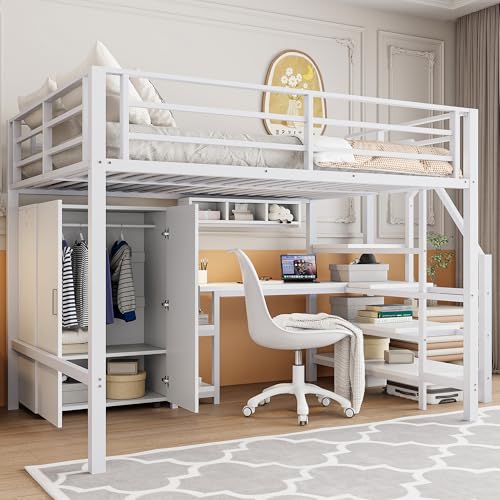 YAIXBNG Hochbett, 140 * 200cm, Kleiderschrank, Regale, Ablageleiter, Schreibtisch, ohne Matratze, Weiß von YAIXBNG