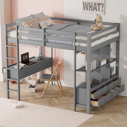 YAIXBNG Hochbett, 140 x 200cm Kinderhochbett mit Stauraumschubladen und Unterbettschreibtisch, Ohne Matratze, Grau von YAIXBNG