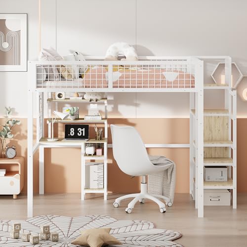 YAIXBNG Hochbett 140 x200 mit Sicherheitsleiter, Kinderbett mit Eisenrahmen Kleiderschrank und Computertisch Weiß von YAIXBNG