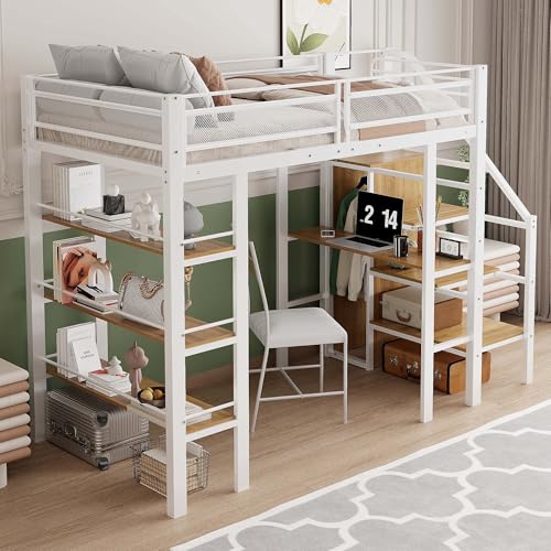 YAIXBNG Hochbett 90 * 200cm, dreilagiges Ablageregal, Schreibtisch, Kleiderschrank, Sicherheitsstufen mit Ablagefach, hohes Zaundesign, Eisenbett, Einzelbett, Weiß von YAIXBNG