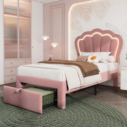 YAIXBNG Kinderbett LED Einzelbett 90 x 190 cm mit Schubladen Polsterbett APP-Control LED Bettgestell Lattenrost und Verstellbares Kopfteil, Bettrahmen Jugendbett Samt Rosa YAIXBNG Kinderbett LED Einzelbett 90 x 190 cm mit Schubladen Polsterbett APP-Control LED Bettgestell Lattenrost und Verstellbares Kopfteil, Bettrahmen Jugendbett Samt Rosa von YAIXBNG