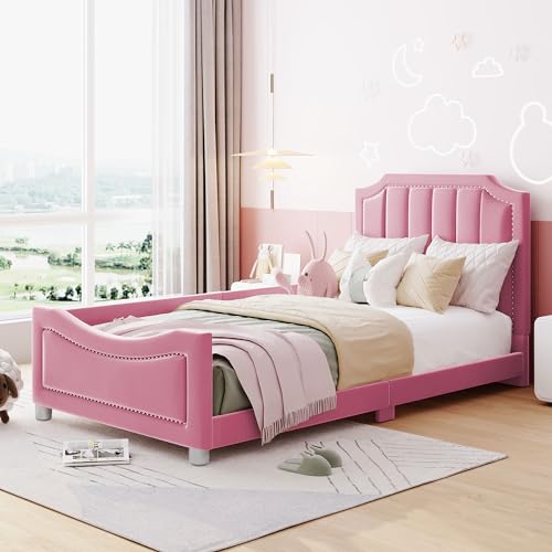 YAIXBNG Kinderbett Polsterbett 90 * 200cm Schlafsofa Bettgestell Flanell Multifunktionsweichbett mit Rückenlehne Armlehne Eltern-Kind-Bett Jugendbett Gästebett Rosa von YAIXBNG