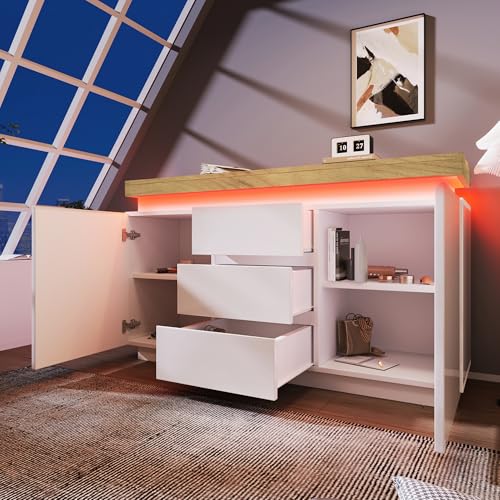 YAIXBNG Kommode, Hochglanz Sideboard mit 2 Türen und 3 Schubladen, LED Beleuchtung (App Control), Mehrzweckschrank für Wohnzimmer und Schlafzimmer, 81 x 140 x 39 cm, Weiß von YAIXBNG