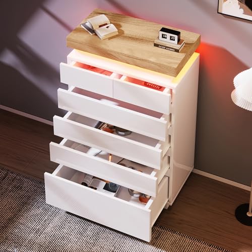 YAIXBNG Kommode, Hochglanz Sideboard mit 6 Schubladen, LED Beleuchtung (App Control), Mehrzweckschrank für Wohnzimmer und Schlafzimmer, 115 x 73 x 39 cm, Weiß von YAIXBNG