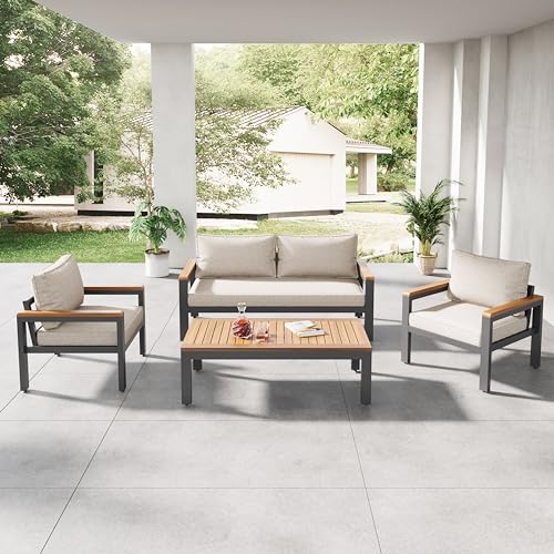 YAIXBNG Loungeset, Gartenmöbel-Set mit Rahmen aus verzinktem Stahl, (breites Set, 4-teiliges Esstisch-Set, 1x 2-Sitzer-Sofa, 2X Einzelstühle, 1x Tisch), Akazienholz Tischplatte und Armlehnen,Beige von YAIXBNG