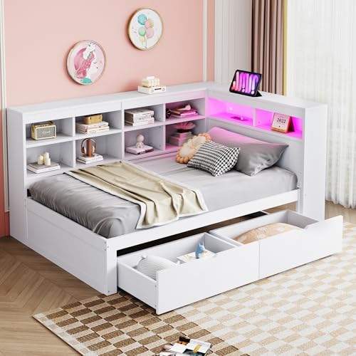 YAIXBNG Massivholzsofa 90 * 200 cm, Mit Ablagefächern, Bett mit USB- und Steckdose mit LED-Leiste, Mit Regalen und Ablagefächern, Viel Stauraum, Multifunktionales Einzelholzbett, Weiß von YAIXBNG