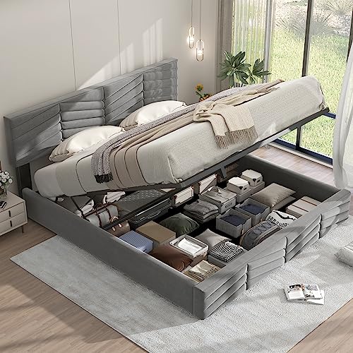 YAIXBNG Polsterbett,Doppelbett,hydraulisches Funktionsbett,Samt,Streifen-Stil,Continentalbett,höhenverstellbares Kopfteil,180 x 200,grau von YAIXBNG