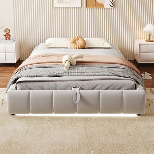 YAIXBNG Polsterbett 140 x 200 cm, ohne Kopfteil, mit LED-Lichtleiste (einfarbig), Hydraulischer Schwebebettrahmen mit Stauraum,Einzelbett, Jugendbett, Beige von YAIXBNG