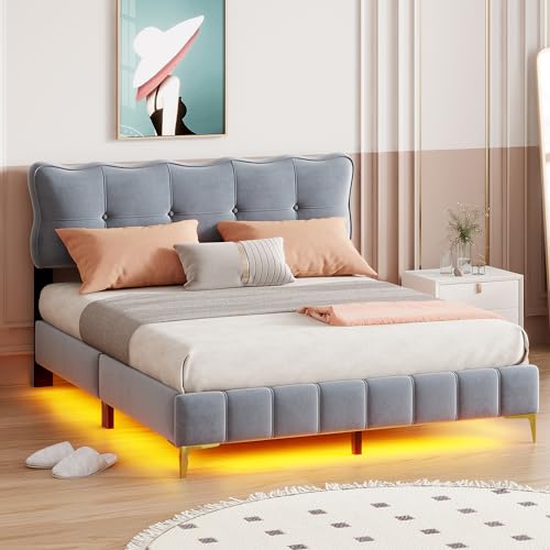 YAIXBNG Polsterbett 160 x 200 cm, Jugendbett, Doppelbett mit LED-Leuchten mit Rückenlehne mit Lattenrost Samtstoff hohe Metallfüße Grau (Matratze Nicht im Lieferumfang enthalten) von YAIXBNG