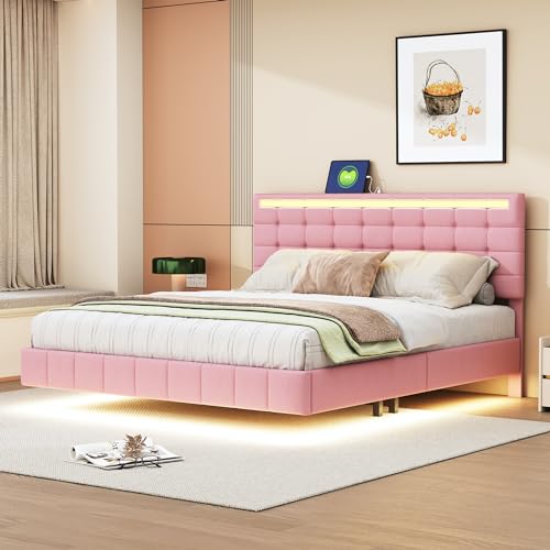 YAIXBNG Polsterbett 160 x 200 cm, gepolsterter Schwebebettrahmen mit LED-Leuchten und Kopfteildesign, flächiges Doppelbett-Gästebett in hautfreundlichem Leinen Rosa YAIXBNG Polsterbett 160 x 200 cm, gepolsterter Schwebebettrahmen mit LED-Leuchten und Kopfteildesign, flächiges Doppelbett-Gästebett in hautfreundlichem Leinen Rosa von YAIXBNG