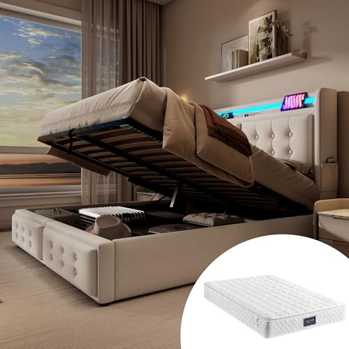 YAIXBNG Polsterbett 160x200, Doppelbett mit Led-Kopfteil und USB C Ladefunktion, Hydraulisches Bett mit Lattenrost aus Holz und Metallrahmen, Belastbarkeit 300 kg,Beige,Baumwolle(Mit Matratze) von YAIXBNG